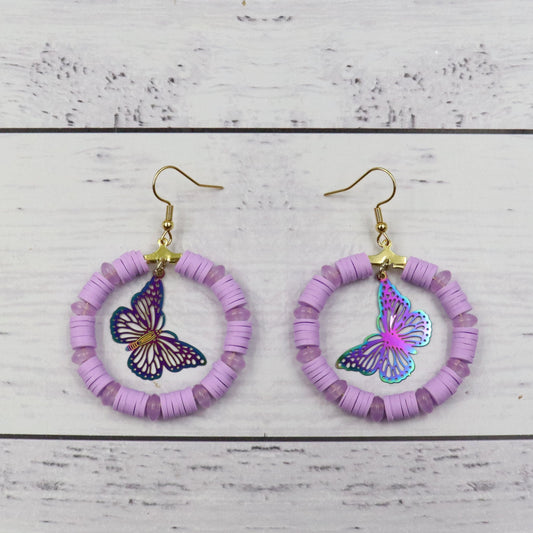 Purple Beaded Butterfly Earrings
