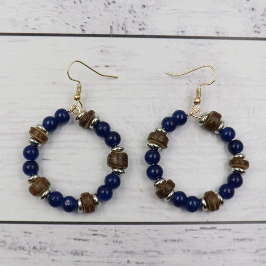 Blue & Wooden Bead Earrings
