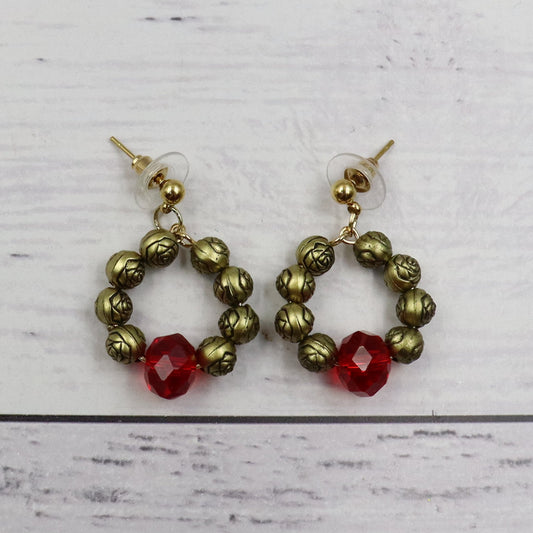 Gold Flower and Red Beaded Earrings