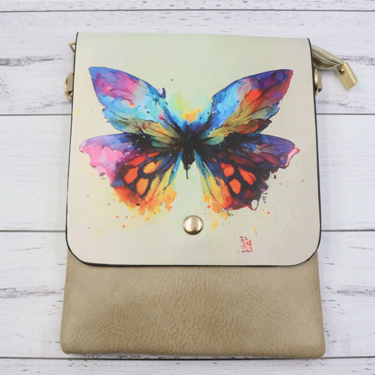 Tan Faux Leather Cross Body Butterfly Bag