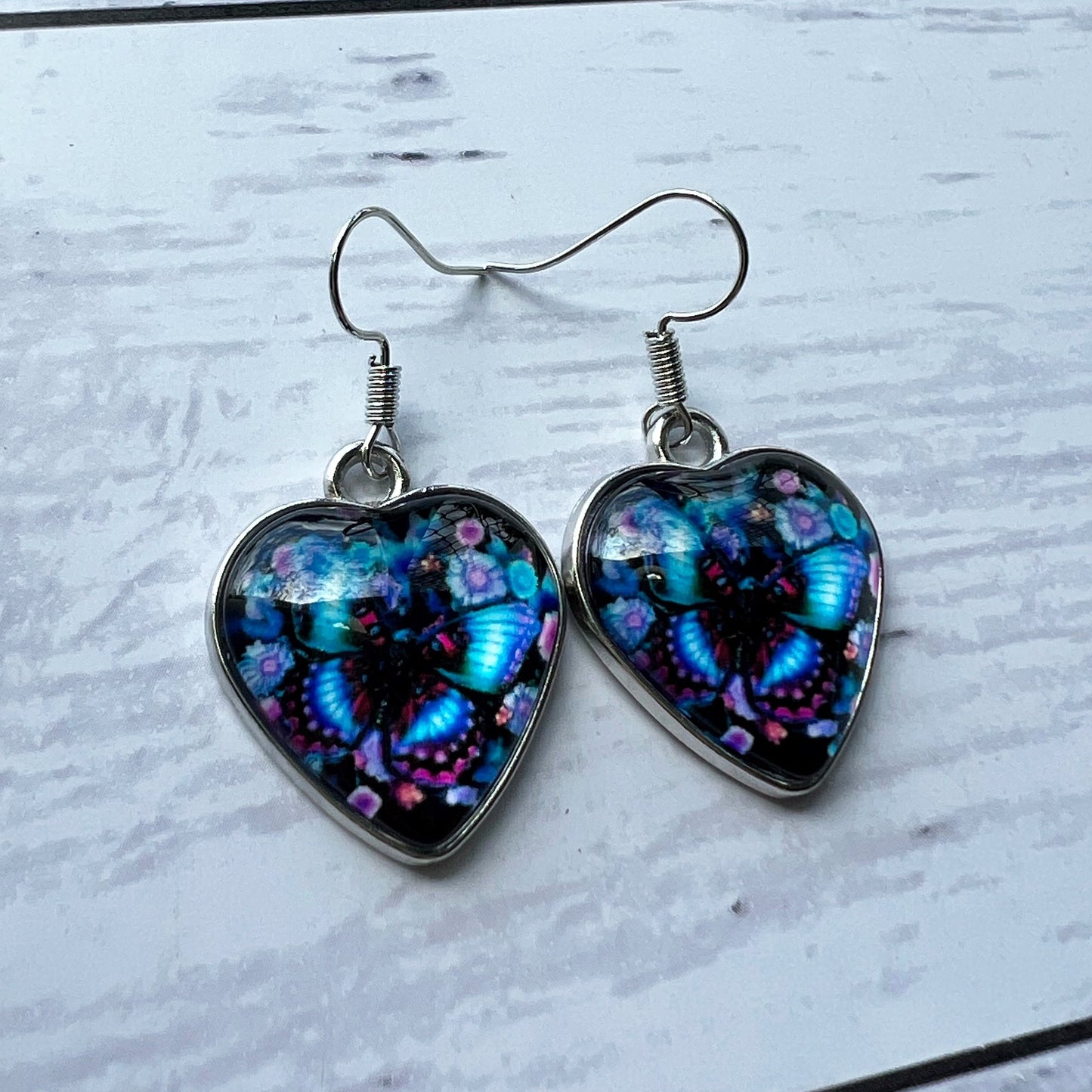 Butterfly Heart Glass Pendant Earrings