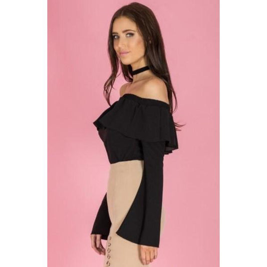 Off the Shoulder Black Ruffle Top